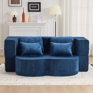 English Elm Queen Foldable Sofa Bed with Plush Chenille Cover, High-Density Foam Convertible Futon for Living Room Guest Room Bedroom Blue W1829P348211