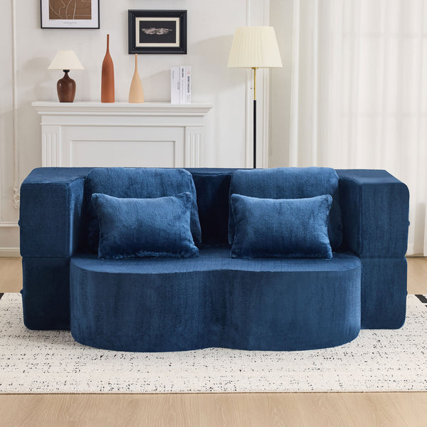English Elm Queen Foldable Sofa Bed with Plush Chenille Cover, High-Density Foam Convertible Futon for Living Room Guest Room Bedroom Blue W1829P348211