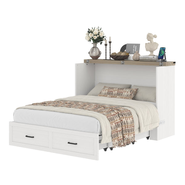 English Elm Murphy Full-Size Cabinet Bed with Built-In Charging Station, Storage Drawer & 700lb Capacity Comfort White 57.25 L x 27 W x 6 H N733S293997W