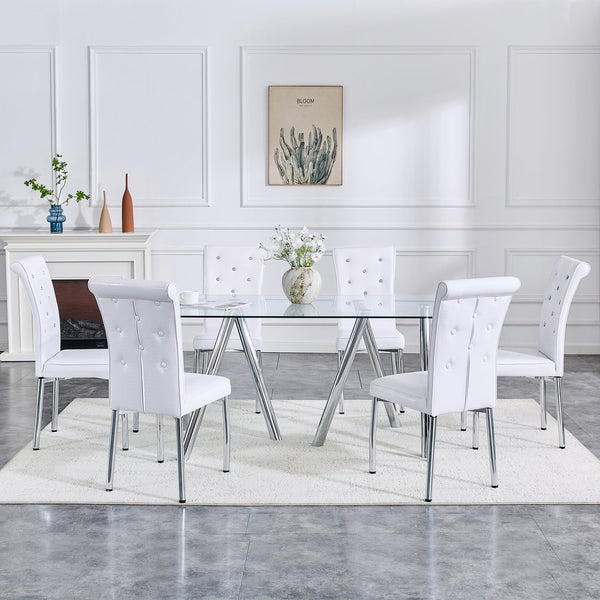 English Elm 71-inch Tempered Glass Dining Table Electroplated Metal Base Open Airy Modern Style White W3875S00005