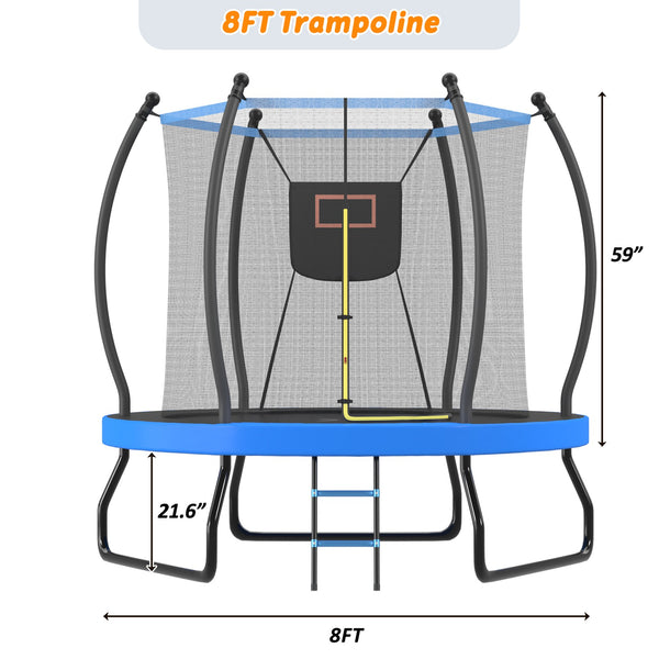 English Elm 8ft Round Backyard Trampoline with Enclosure Net Basketball Hoop and Safety Ladder N739P307894C
