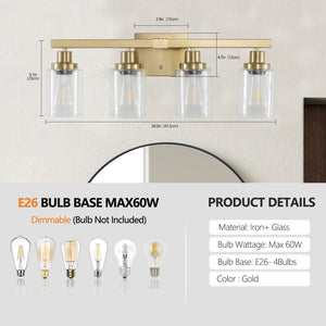 English Elm 24" Golden 4-Light Vanity Light with Clear Glass Shades, Modern Iron Bathroom Wall Fixture for Mirror W2312P374800