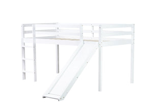 English Elm Twin Low Loft Bed with Slide and Ladder for Kids, Rubberwood Frame, Safety Guardrails & Playspace White W504P218525