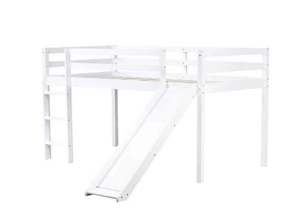 English Elm Twin Low Loft Bed with Slide and Ladder for Kids, Rubberwood Frame, Safety Guardrails & Playspace White W504P218525