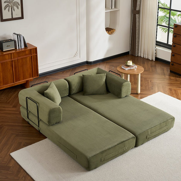 English Elm Convertible Sleeper Sofa Bed Corduroy 4-in-1 Folding Floor Couch with 35D Sponge Support and No-Assembly Green W3434P378558