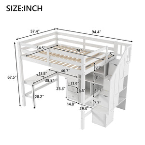English Elm Full Full Size Loft Bed with L-Shaped Desk, Drawers, Cabinet and Staircase Storage for Space-Saving Rooms White GX000469AAK
