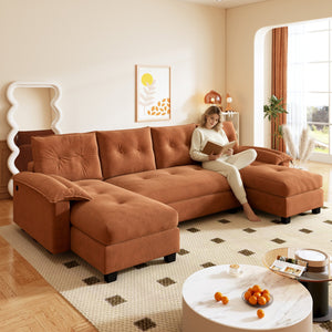 English Elm 104.7" U-Shaped Sleeper Sofa with Pull-Out Bed, Convertible Modular Sectional with Chaise, USB Ports, Chenille Upholstery Orange W1885S00213