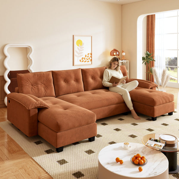 English Elm 104.7" U-Shaped Sleeper Sofa with Pull-Out Bed, Convertible Modular Sectional with Chaise, USB Ports, Chenille Upholstery Orange W1885S00213