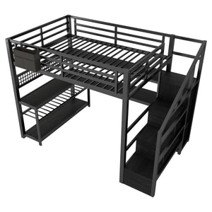 English Elm Full Size Steel Loft Bed with Staircase Storage Wardrobe Desk and Led Lighting Black W2593S00079