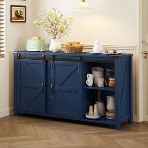 English Elm U-style Farmhouse Sideboard Barn Door Buffet with Drawers Built-in Outlet Dining Navy Blue N711P347377V