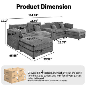 English Elm U Shaped Sectional Cloud Couch for Living Room 144" Plush Modular Sofa with Ottoman Storage Console Cupholders Grey W3276S00012