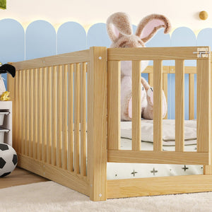 English Elm Queen Kids Floor Bed Pine Wood Frame with Safety Rails Door and Low Profile Design Natural W1580P417673