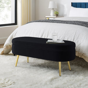 English Elm Ottoman Oval Flannel Storage Bench with Matte Metal Legs for Bedroom or Living Room Black W487P438627