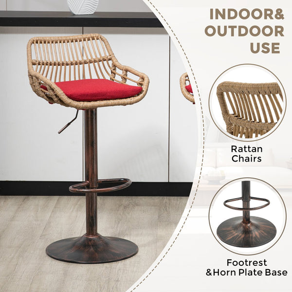 English Elm Modern Swivel Bar Stools Set of 2 Adjustable Counter Height Chairs with Linen Seat, Retro Rattan Back, 360° Rotation and Footrest, Vintage Gold Base, Durable Indoor/Outdoor Seating (Seat Height 25.6–33.9") Red W39594820