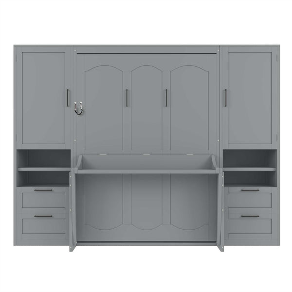 English Elm Full Size Murphy Wall Bed with Wardrobe Drawers and Shelves for Studio Spaces LP000908AAE