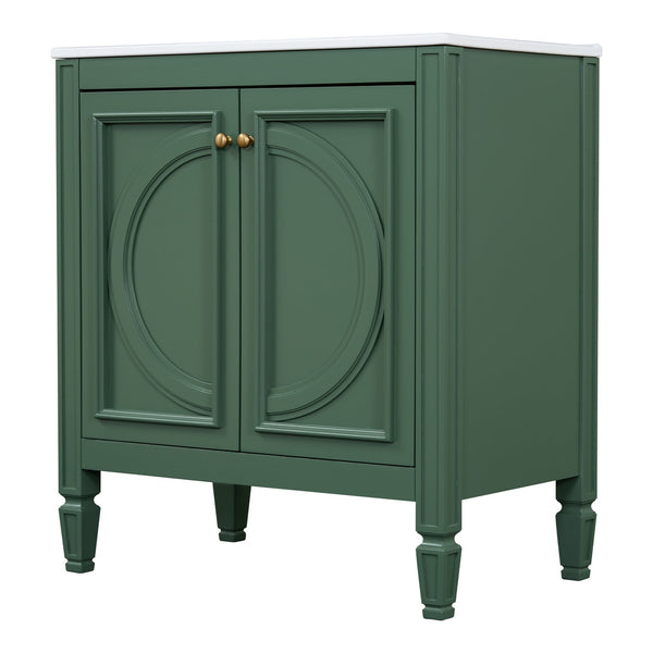 English Elm Christopher Knight Home® - 30" Bathroom Vanity with Sink Vintage Freestanding Ceramic Top Soft-Close Doors Gold Knobs, Storage Green N759P226000F