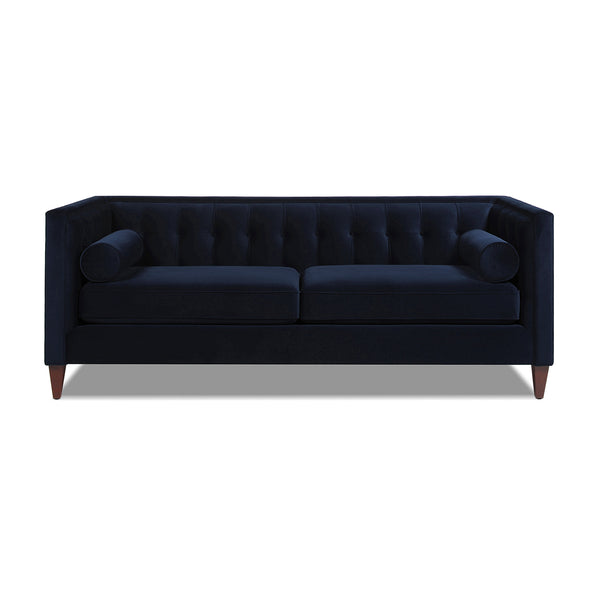 English Elm Jennifer Taylor Home - Jack 84" Modern Tuxedo Tufted Sofa in Plush Velvet with Shelter Arms, Reversible Cushions, Pillows Dark Navy B2719P238407