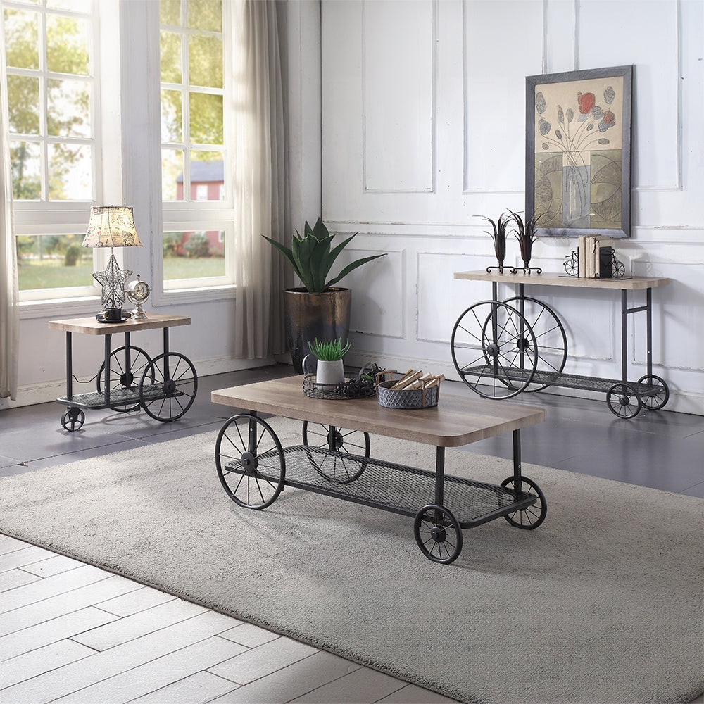 English Elm Oak Coffee Table In Antique Grey Finish With Open Shelf For Stylish Storage & Versatile Use B062P209081