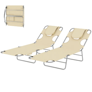 English Elm Handy Tri-fold Outdoor Lounger with Face Cavity Steel Frame Oxford Fabric Tanning Bed Beige T3971P481332