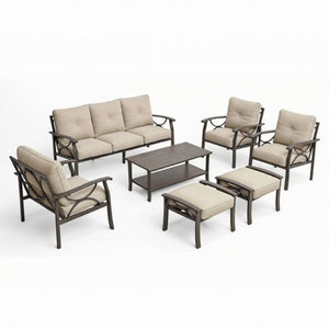 English Elm 7-piece Outdoor Sectional Set Steel Frame 9 Seat Patio Conversation with Cushioned Ottomans Beige B082S00119