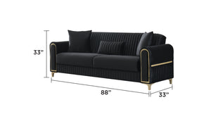 English Elm Melody Velvet Upholstered Sleeper Sofa with Gold Accents, Vertical Channel Tufting, Modern Convertible 92" Black B009S01832