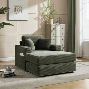 English Elm [New]Corduroy Upholstered Chaise Lounge Sofa with Detachable Cushions, Deep Seat, Cup Holders Green W2120P322754