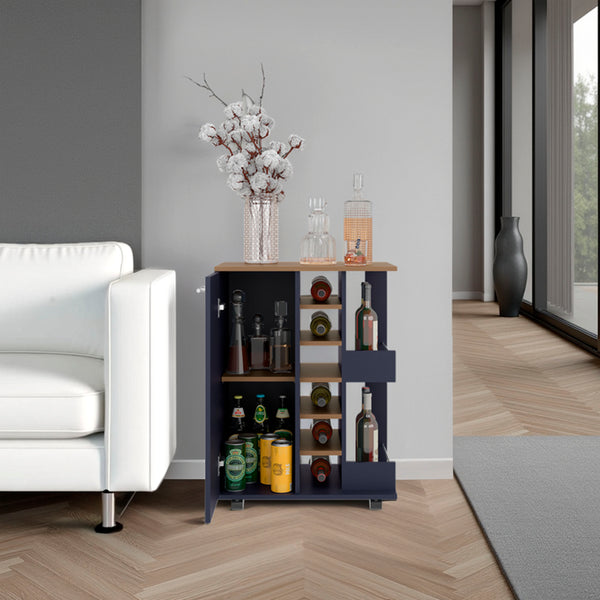 English Elm Bar Cart Natural Oak Blue with Locking Casters, Spacious Cabinet, 2 Open Shelves, 6 Bottle Cubbies, Stylish Serve B070P378357