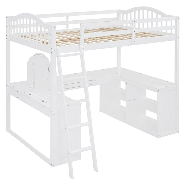 English Elm Full Wood Loft Bed with Wraparound Study Desk Built-in Storage and Vanity Mirror N708S00008K