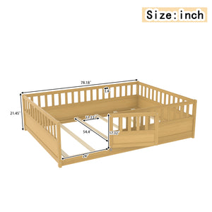 English Elm Full Full-Size Montessori Floor Bed with High Safety Fence, Clockwise Door, Pine Frame & Support Slats Natural Wood W1858P310086