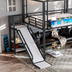English Elm Twin Metal Loft Bed with Built-in Wardrobe Storage Stairs Led Lights and Usb Ports W5316S00047