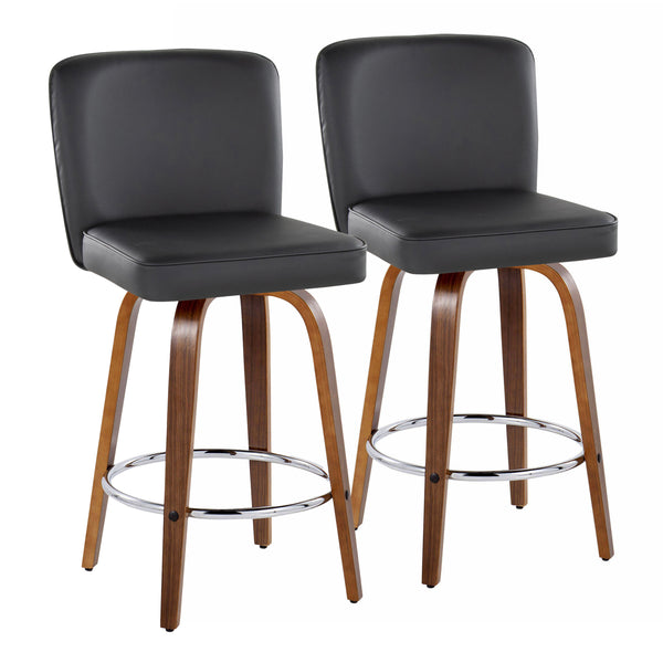 English Elm 26" Swivel Counterstools with Tufted Faux Leather Walnut Legs and Chrome Footrest Set of 2 B202S00330