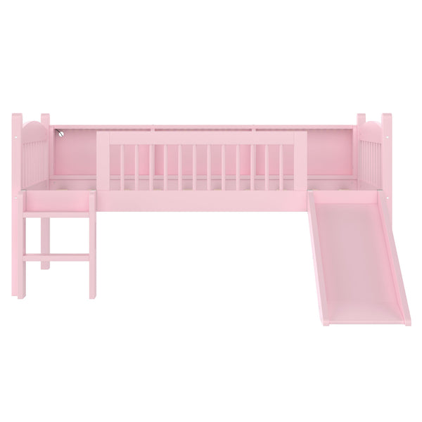 English Elm Twin Low Loft Bed Solid Pine Frame with Built-in Led Lighting and Storage Shelves Pink W1580P395929