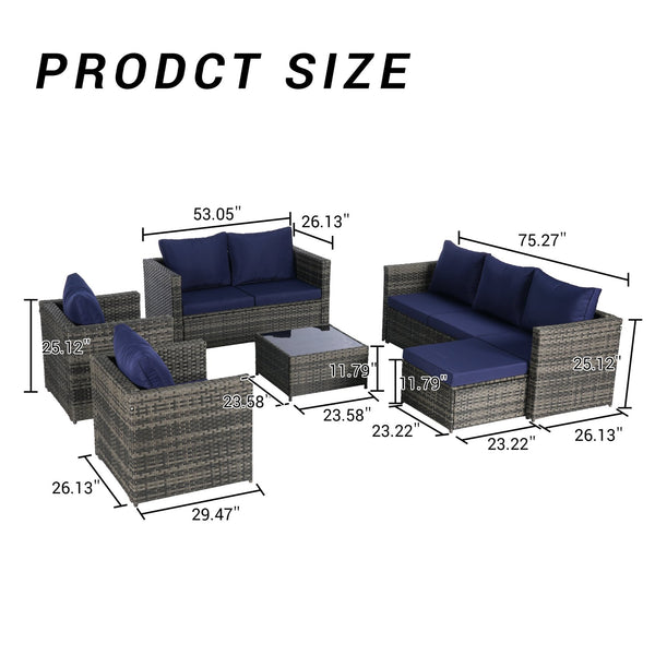 English Elm 6 Piece Outdoor Modular Sectional with Pe Wicker Cushioned Seating and Tempered Glass Table Dark Blue W874S00061