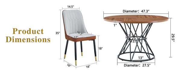 English Elm Table and Chair Set Round Walnut Mdf Dining with Six Two-tone Pu Seats Gold Legs Brown,Light Gray,Walnut+Black W1151S04842