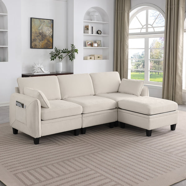 English Elm 102 Inch Linen Modular Sectional Sofa with Hidden Storage and Cloud Cushion Comfort Beige W1099S00207