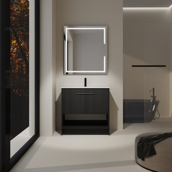 English Elm 36" Bathroom Vanity With Ceramic Sink, Soft-Close Doors, Modern Plywood Cabinet & Open Shelf Storage W1972S00020