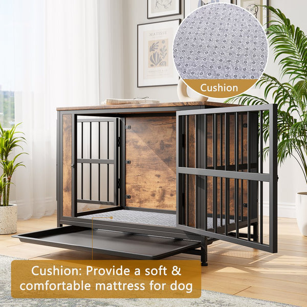 English Elm Dog Crate Furniture Wooden Kennel with Iron Frame Rustic Side Table for Small Pets W840P203066