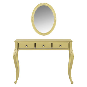 English Elm Luxury Makeup Vanity Desk with Oval Mirror and Engraved Floral Frame, Velvet Jewelry Tray, Durable Drawers and Elegant Console for Bedroom & Living Room Decor Gold N844P292481G