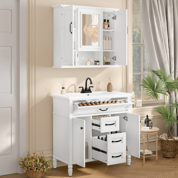 English Elm 36'' Mirror Cabinet with 3 Doors — Wall-Mounted Bathroom Storage Unit, MDF & Pine, Spacious Shelves White N725P346902K