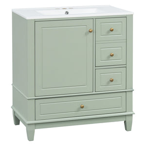 English Elm Christopher Knight Home® - 30" Freestanding Bathroom Vanity with Ceramic Sink, Soft-Close Door, Gold Knobs & 3 Drawers, Durable Painted Finish Light Green N759P225994G