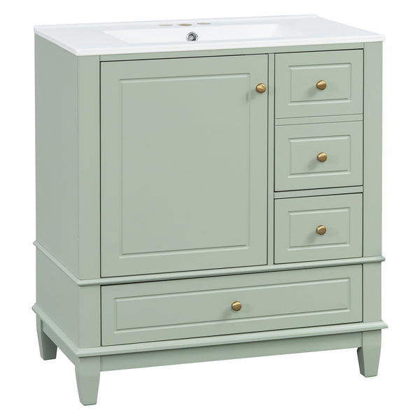 English Elm Christopher Knight Home® - 30" Freestanding Bathroom Vanity with Ceramic Sink, Soft-Close Door, Gold Knobs & 3 Drawers, Durable Painted Finish Light Green N759P225994G