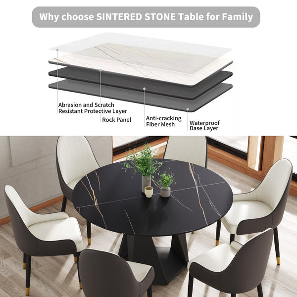 English Elm 53" Round Artificial Marble Dining Table For 6 With Sturdy Black Iron Base - Modern Elegance! W1535S00398