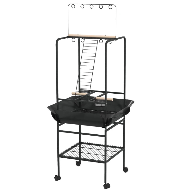 English Elm Bird Parrot Activity Stand with Fir Wood Perches Steel Frame and Rolling Casters T3971P438063