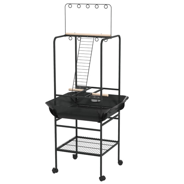 English Elm Bird Parrot Activity Stand with Fir Wood Perches Steel Frame and Rolling Casters T3971P438063