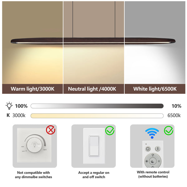 English Elm 39-inch Walnut Wood Led Bar Pendant Dimmable Fixture for Dining and Kitchen Islands W1340P264186