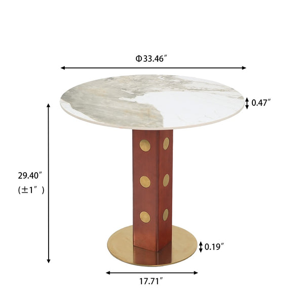 English Elm Modern Round Dining Table - 33.5" Sintered Stone Top With Wooden Legs & Gold Base For Small Spaces P2 W1535S00582-GIGA