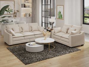 English Elm 2 Pieces Sofa Couch 3-Seater and Loveseat With Pillows Polyester Upholstered Duck Down Filled Cushion Sofa Set For Living Room Apartment,Beige