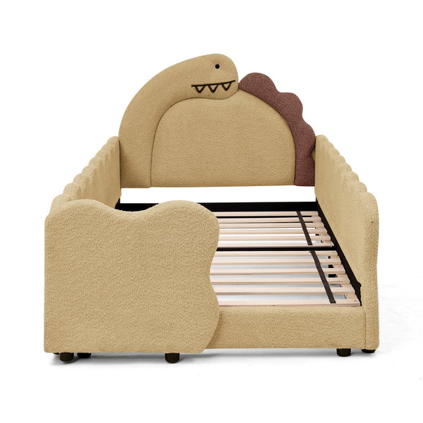 English Elm Twin Dinosaur Boucle Upholstered Kids Bed Solid Wood Frame with Padded Safety Rails Yellow W1413P384916