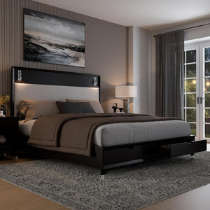 English Elm Mid-century Modern Eastern King Storage Bed Upholstered Headboard with Led Reading Lights B2741S00794