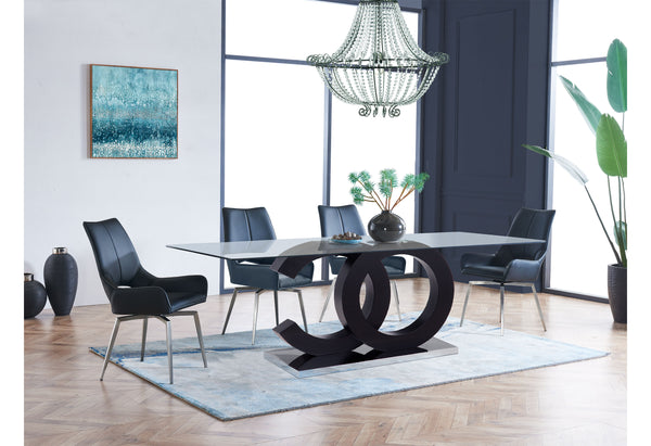 English Elm ASTON Solid Wood Dining Table with Glass Top, Matte Black Center, Beveled Edges, 71"x39" B201S00026